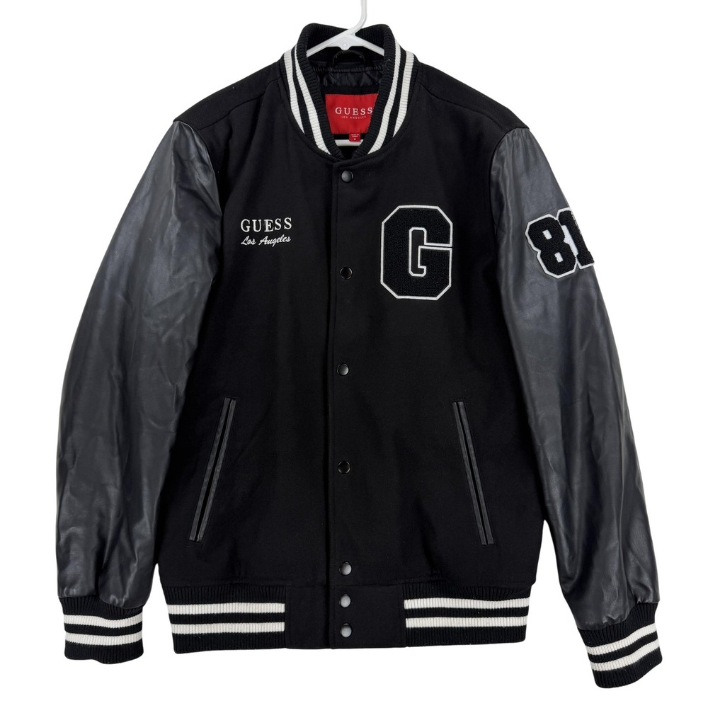 GUESS Jacket Mens Small Black‎ Varsity Letterman Wool Faux Leather 81 Patch